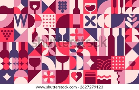 Geometric wine alcohol drink pattern. Vector background with abstract purple grapes, wine glasses and bottles, corkscrew and vineyard, hearts and vines silhouettes mosaic. Restaurant menu background