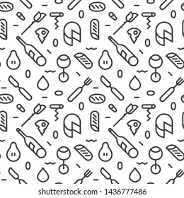 The geometric wine and cheese pattern with lines. Seamless vector background for restaurants and menus. White and dark grey texture. Form a triangle, a line, a circle. Hipster fashion. Memphis style.