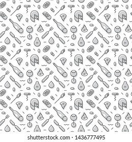 The geometric wine and cheese pattern with lines. Seamless vector background for restaurants and menus. White and dark grey texture. Form a triangle, a line, a circle. Hipster fashion. Memphis style.