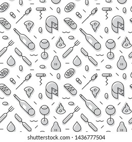 The geometric wine and cheese pattern with lines. Seamless vector background for restaurants and menus. White and dark grey texture. Form a triangle, a line, a circle. Hipster fashion. Memphis style.