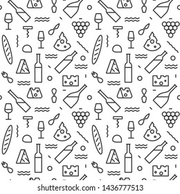 The geometric wine and cheese pattern with lines. Seamless vector background for restaurants and menus. White and dark grey texture. Form a triangle, a line, a circle. Hipster fashion. Memphis style.