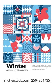 Geometric winter background with elements of nature, animals, bird and abstract ornaments. Poster, flyer, banner, cover, invitation