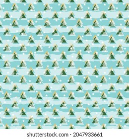Geometric winter Christmas pattern with small trees covered with snow with white stars. Abstract holiday seamless vector background for wrapping paper, interior decoration and stationary. 