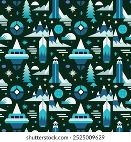 Geometric Winter pattern, Abstract Snowflakes and Shapes in a Modern, Minimalist Seasonal Pattern,  This modern, minimalist design captures the essence of winter, blending crisp lines and cool hues