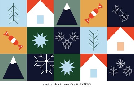 Geometric winter pattern in festive colors. Winter snowflakes, holiday candies, house in the snow. Pattern for printing on fabric and packaging. Vector drawing, design elements.