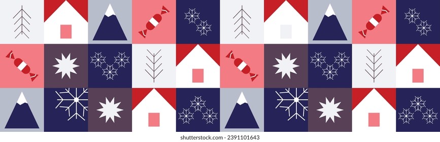 Geometric winter pattern, in festive colors, for packaging, banner, print. Seamless vector pattern, design elements.