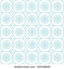 Geometric winter pattern with floral snowflakes and hexagons. Line art ornament. Gentle Christmas background.