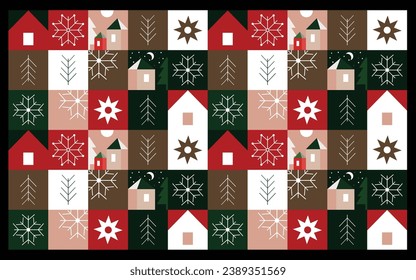 Geometric winter pattern of house and snowflakes. Pattern for packaging, background, printing on fabric. Winter pattern in festive colors. Vector drawing, design element.