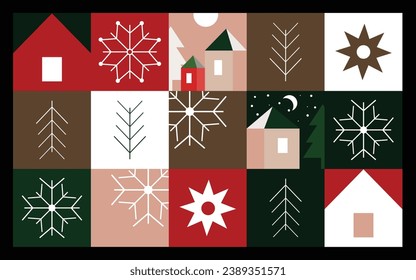 Geometric winter pattern of house and snowflakes. Pattern for packaging, background, printing on fabric. Winter pattern in festive colors. Vector drawing, design element.