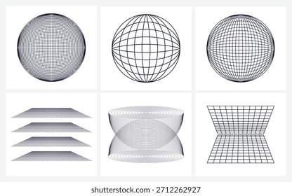 Geometric Wireframe Elements – Spheres, Grids and Planes, black‑line wireframe graphics: spherical grids, stacked planes, hourglass double‑cone and folded lattice