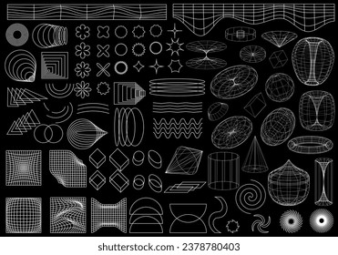 Geometric wireframe forms. Abstract backgrounds, patterns, cyberpunk elements in a fashionable psychedelic rave style. Retro-futuristic aesthetics of the 00s 2000.