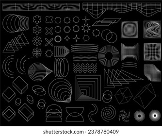 (Несколько Geometric wireframe forms. Abstract backgrounds, patterns, cyberpunk elements, vector. Retro-futuristic aesthetics of the 00s 2000.значений)