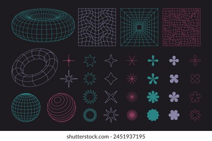 Geometric wireframe grids. Abstract graphic figures and brutalism shapes, trendy mesh elements flat vector Illustration set. Surreal abstract shapes collection