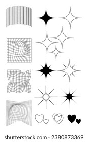 Geometric wireframe grids and shapes in dark color on a transparent background.Abstract patterns. Y2k. 