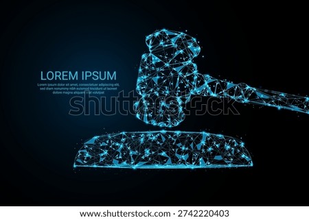 Geometric Wireframe Illustration of a Judicial Hammer with Thin-Line Polygonal Detailing and Vector Mesh Debris Elements in Blue Conceptual Style