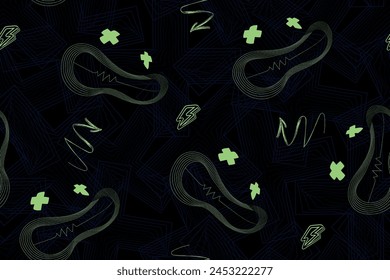 Geometric wireframe plus sign seamless pattern. Cross sign repeat ornament painted plus symbol. Monsters face Vector illustration.
