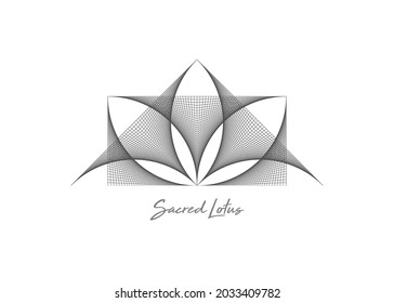 Geometric wireframe Sacred Lotus Flower, thread art. Sacred Geometry. String black line Symbol of Harmony and Balance. Sign of purity. Flower logo design vector isolated on white background