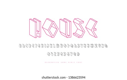 Geometric wireframe sans serif bulk font. Letters and numbers for logo and headline design. Color print on white background