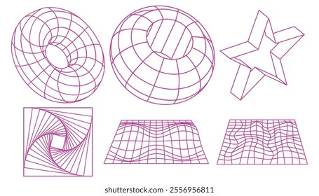Geometric wireframe shapes and grids collection. Retro abstract neon elements in cyberpunk style.
