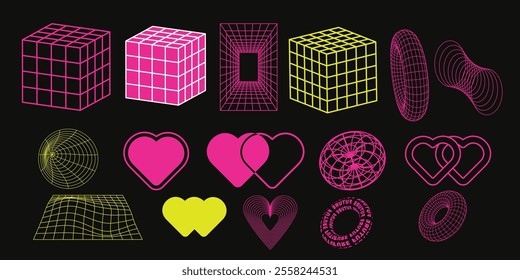 Geometric wireframe shapes and grids collection. Retro abstract neon elements in cyberpunk style.