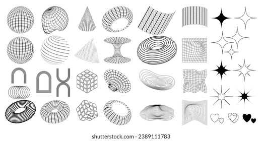 Formas y cuadrículas geométricas de malla en color oscuro sobre un fondo transparente. Patrones abstractos 3D en estilo psicodélico moderno. Y2k. Ilustración vectorial.