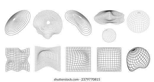 Geometric wireframe shapes and grids on a transparent background. 3D globe, abstract backgrounds, patterns, cyberpunk elements in trendy psychedelic style. Retro futuristic Y2k aesthetic.