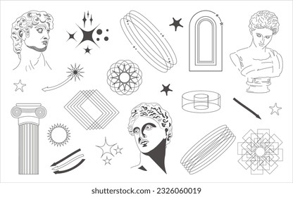 Geometric wireframe shapes and grids, sculpture and statue. Retro futuristic set. Abstract vector illustration.