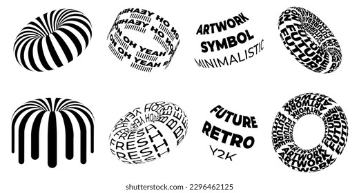 Geometric wireframe shapes, lettering, lettering donut, zebra donut in black and white. 3D abstract backgrounds, patterns, cyberpunk elements in trendy psychedelic style. 2000 years.