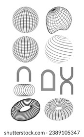 Geometric wireframe shapes on a transparent background.Abstract patterns. Y2k. 