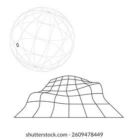 Geometric wireframe sphere with grid mesh landscape