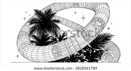 Geometric wireframe torus intertwined with detailed palm tree silhouettes