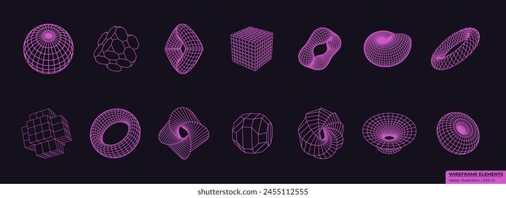 Geometric wireframes. Cyberpunk elements consisting of a grid and dots. Collection of lowpoly 3D polygonal shapes.