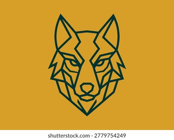 Geometric wolf head illustration in dark green lines on orange background