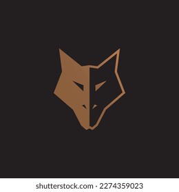 Geometric wolf head illustration. Gold vector icon on brown background.