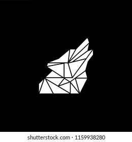 Geometric wolf head illustration. White vector icon on black background.
