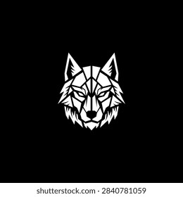 Geometric Wolf Head Logo Vector Illustration, Polygonal Animal Mascot White Silhouette on Black Background
