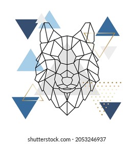 Cabeza de lobo geométrica. Arte moderno de paredes impresas. Resumen de lobo de cabeza poligonal. Diseño para tatuajes, logotipo, emblema, afiche. Estilo escandinavo. Fondo escandalizado con triángulos azules.