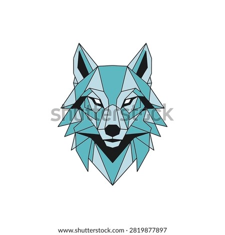 Geometric wolf head vector illustration featuring teal and light blue polygonal shapes with black outlines on white. Low poly wild predator portrait for branding and logos.
