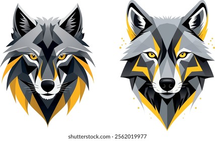 geometric wolf heads, designed in shades of gray, yellow, and black, with sharp, symmetrical lines.