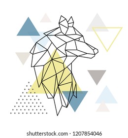 Geometric Wolf silhouette on triangle background. Polygonal Wolf emblem. Vector illustration.