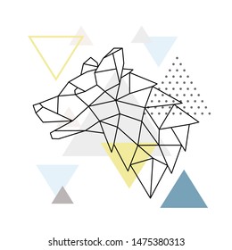 Geometric Wolf silhouette on triangle background. Polygonal emblem. Side view. Scandinavian background. Vector illustration.