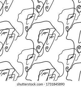 Geometric woman faces vector seamless pattern. Modern line art. Black and white.
