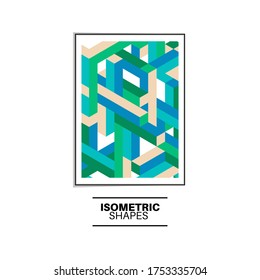 Geometric work in green, blue and cream color. Colorful work with framed isometric lines on white background.