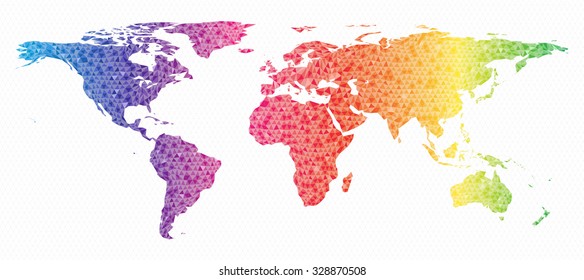 Geometric world map in rainbow colors.