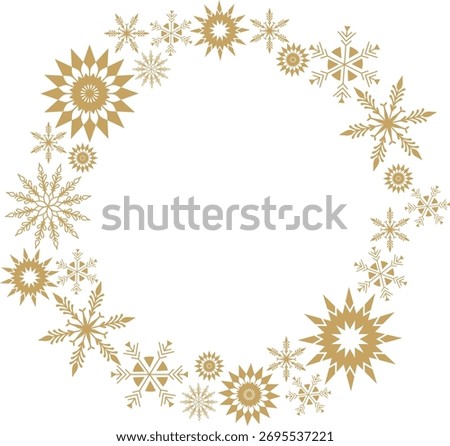 A geometric wreath frame composed of various snowflake patterns in a circular arrangement. The snowflakes form an elegant border with shapes and symmetrical designs. Cartoon vector illustration.