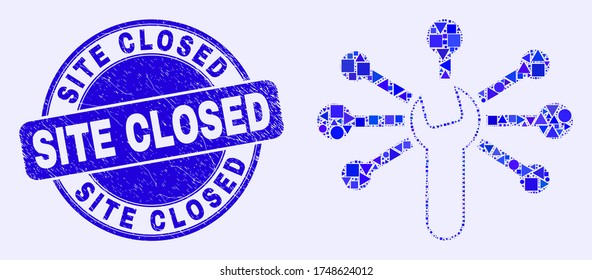 Geometric wrench links mosaic pictogram and Site Closed stamp. Blue vector round distress stamp with Site Closed message. Abstract collage of wrench links created of round, triangles,