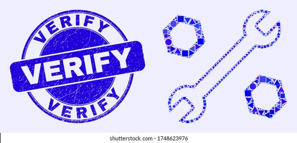 Geometric wrench and nuts mosaic icon and Verify seal stamp. Blue vector round distress seal stamp with Verify phrase. Abstract collage of wrench and nuts done of spheric, triangles,