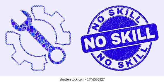Geometric wrench tools mosaic icon and No Skill seal. Blue vector round grunge seal stamp with No Skill phrase. Abstract mosaic of wrench tools made of spheric, tringle, square geometric spots.