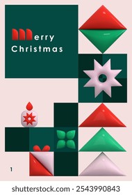 Geometric Xmas card. 3d abstract winter holiday icons. Christmas tree, star, snowflake, rhombus, candle in green square shape. Geometric pattern. New year modern decoration season vector element