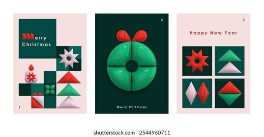 Geometric Xmas card. 3d abstract winter holiday icons. Christmas tree, star, snowflake, rhombus, wreath square shape. Geometric pattern. New year modern decoration season element. Vector illustration